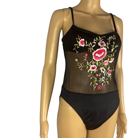 Victoria Secret vintage Bodysuit Black Micro Mesh Embroidery Swimwear  Open Back - Picture 2 of 16